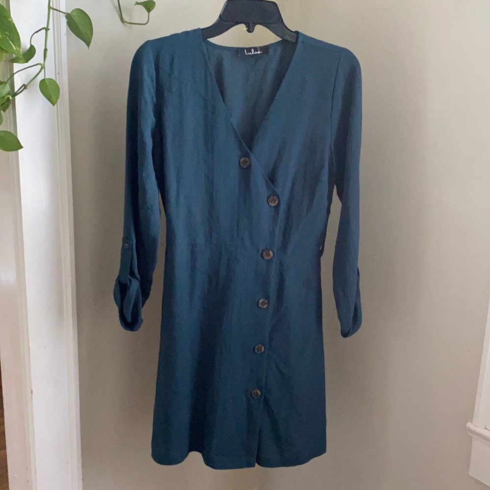 Lulus Button Down Dark Green Long Sleeve Dress Med